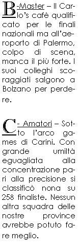 Casella di testo: B-Master  Il Carlos caf qualificato per le finali nazionali ma allaeroporto di Palermo, colpo di scena, manca il pi forte. I suoi colleghi scoraggiati salgono a Bolzano per perdere.C- Amatori  Sotto larco games di Carini. Con grande umilt eguagliata alla concentrazione pari alla precisione si classific nona su 258 finaliste. Nessun altra squadra delle nostre province avrebbe potuto fare meglio.